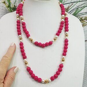 Vintage Hot Pink Ceramic Bead With Pearl & Gold Tone Bead 45" Station Necklace